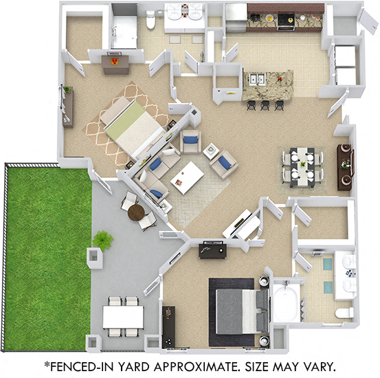 Floor plan for 2 beds, 2 baths, 1205 sqft